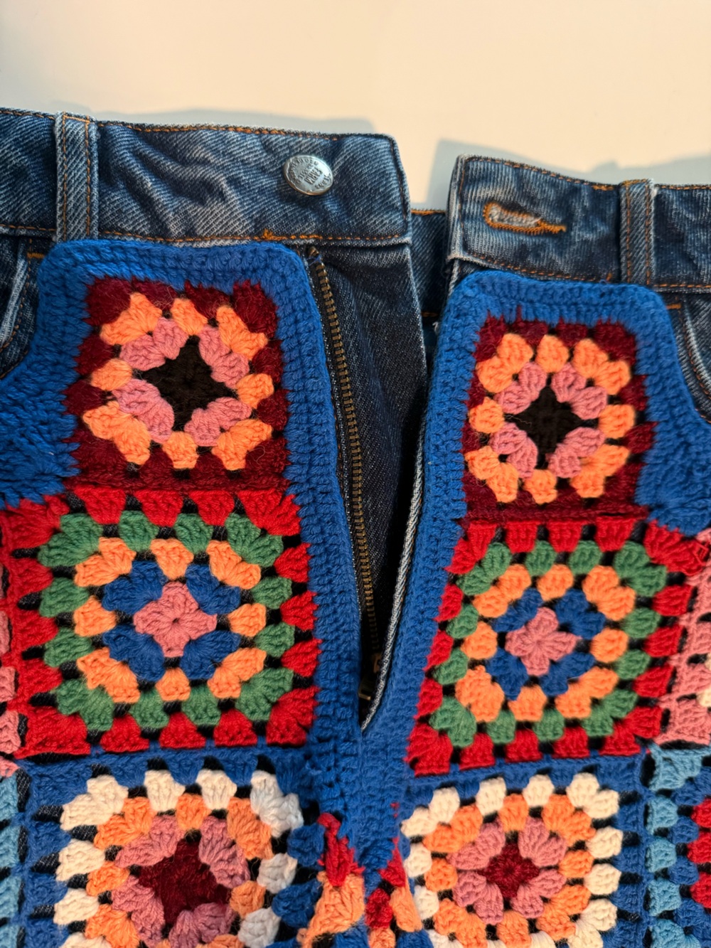 Farm Rio High Rise Denim Crochet Patchwork Shorts - Picture 7 of 9